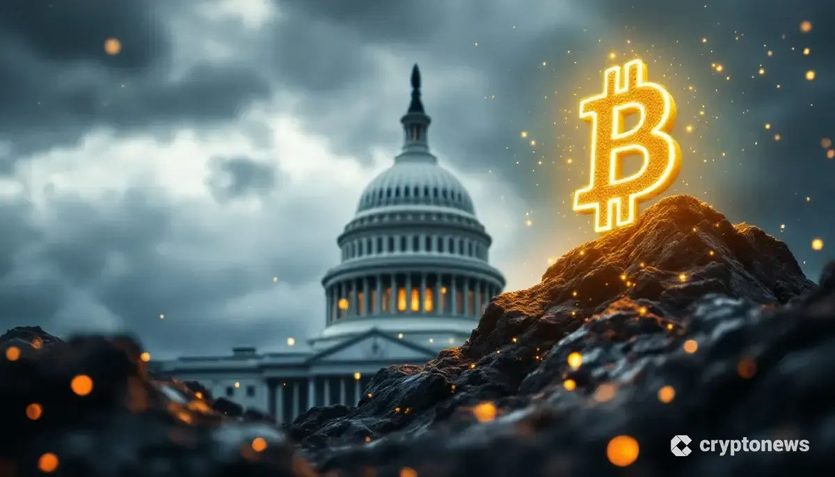 米国議会議事堂を背景に、ビットコインのロゴが上昇する様子を描いたイラスト