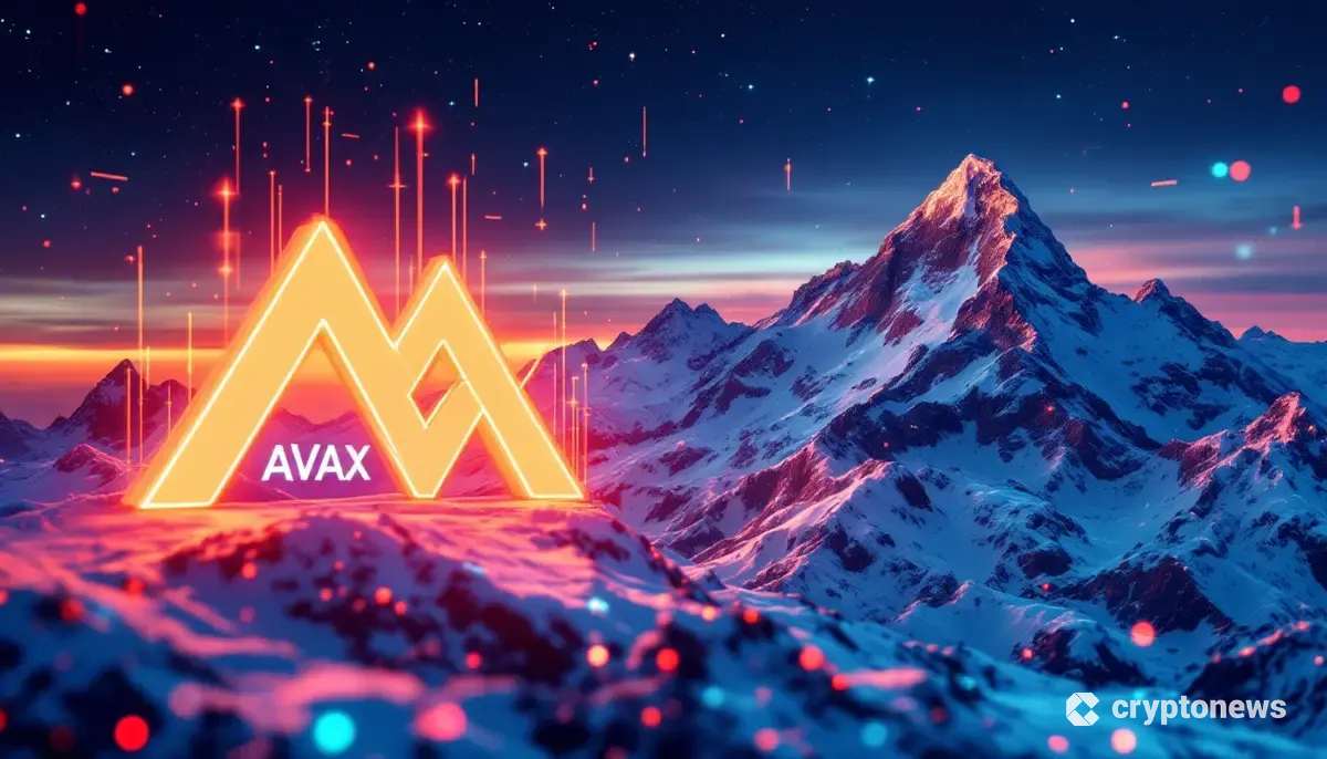 雪山をモチーフにしたデジタル空間に浮かぶアバランチ（AVAX）のロゴと金融商品を象徴するグラフ