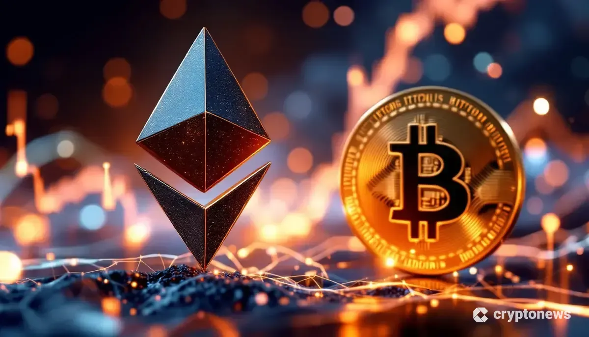 ビットコインとイーサリアムのロゴが浮かぶ未来的な金融データ画面