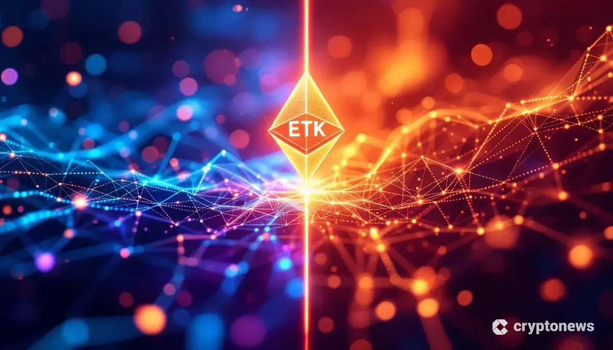 ソラナとイーサリアムのネットワークが左右に分割され、中央にETFのシンボルが輝く未来的なイメージ