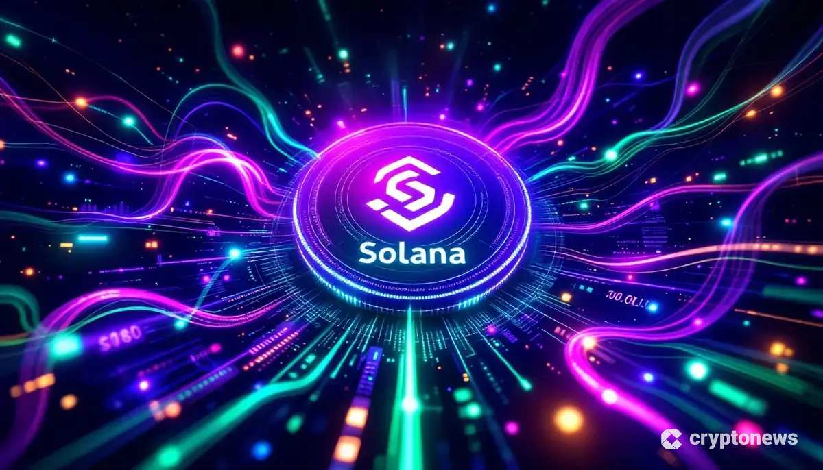 ソラナのブロックチェーンネットワークが拡大する様子を示す未来的なCG画像
