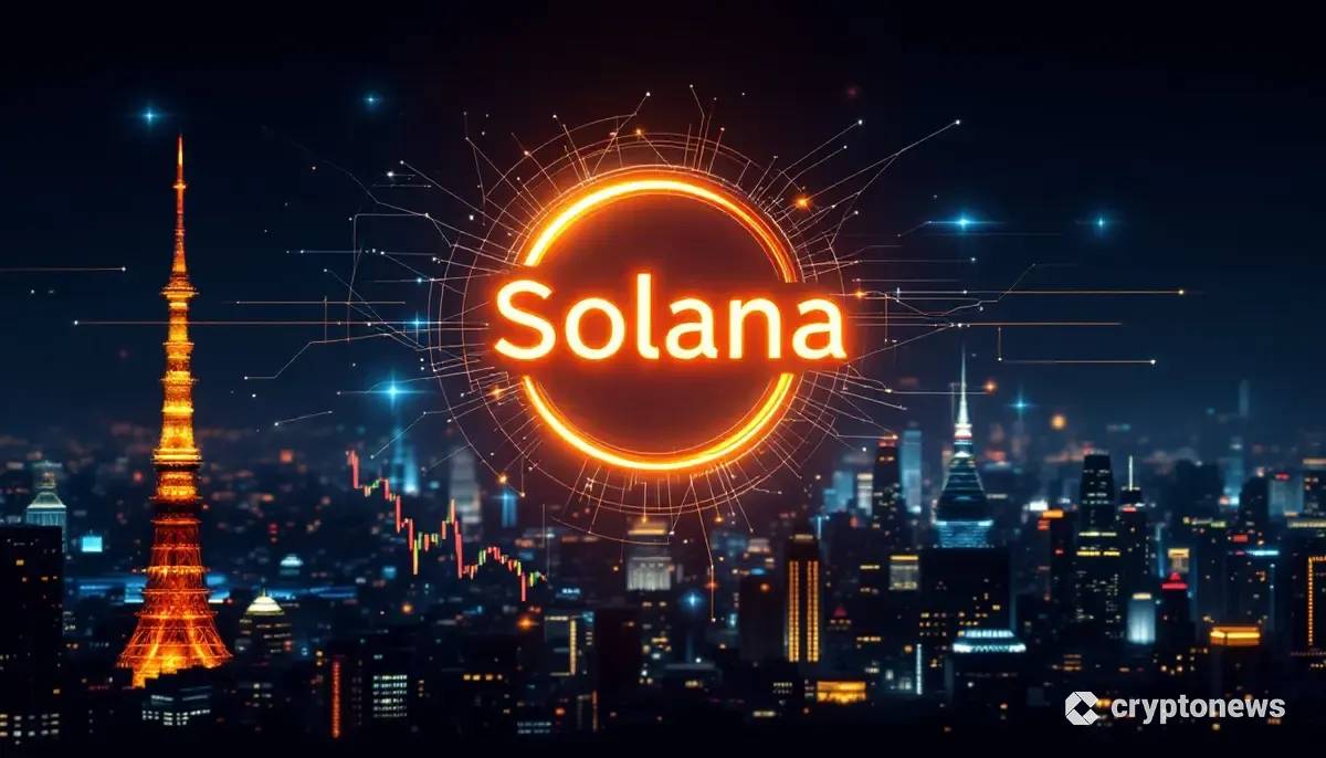 ソラナのロゴが輝き、背景に金融データが流れる未来的なイメージ