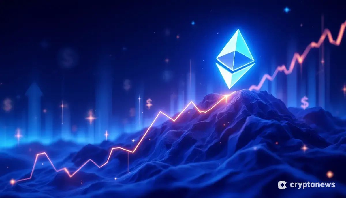 デジタルチャート上で上昇するイーサリアムのロゴと経済指標を背景にした未来的な画像