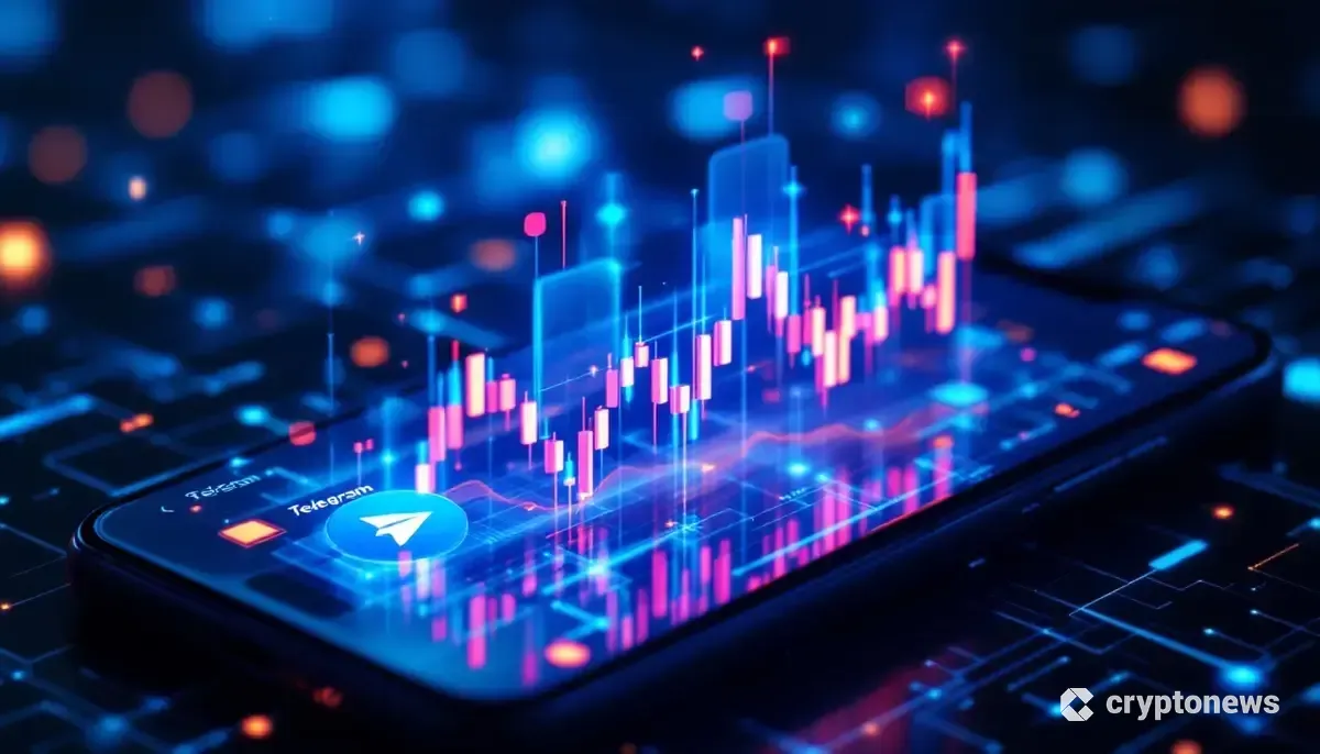 テレグラムアプリから浮かび上がるトークン化株式のチャートを表す未来的な画像