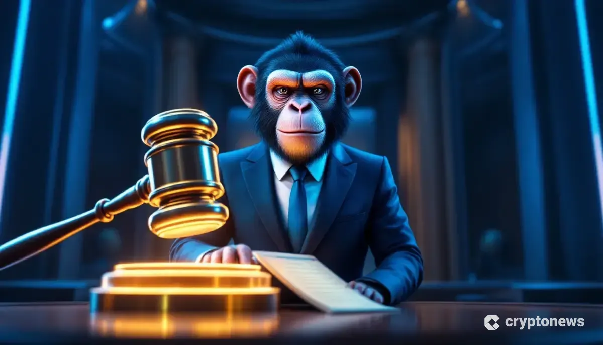 法廷で勝利を象徴するホログラムの木槌の前に立つ猿をモチーフにしたキャラクター