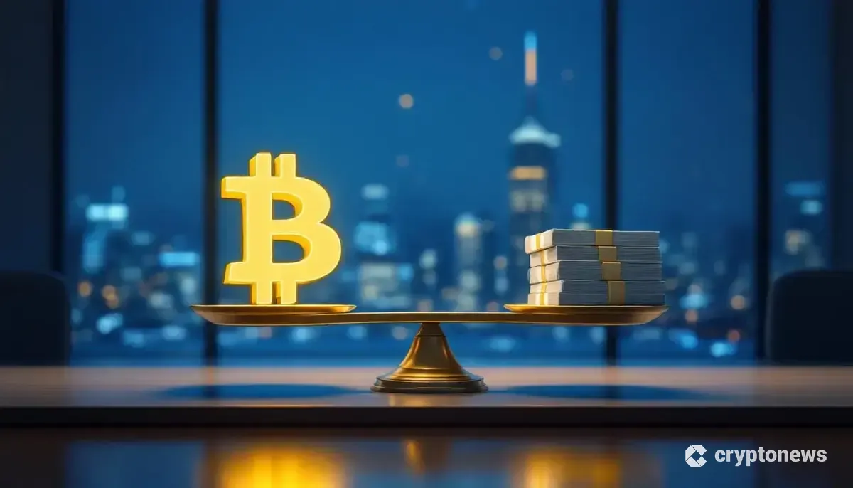 ストラテジー社によるビットコイン購入停止と配当支払いを象徴する天秤のイラスト