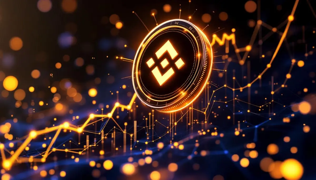 未来的な背景に浮かび上がる、光り輝くバイナンスコインのロゴ。