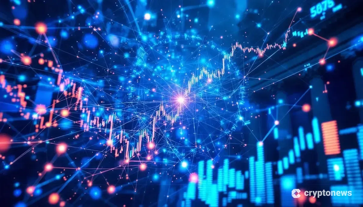 ニューヨーク証券取引所と融合する、未来的なブロックチェーンのデータネットワークを示す画像