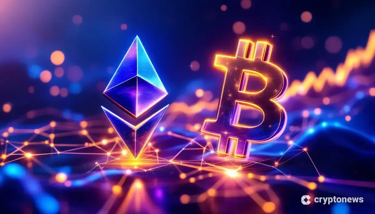 輝くイーサリアムとビットコインのロゴがネットワークで繋がる未来的なイメージ