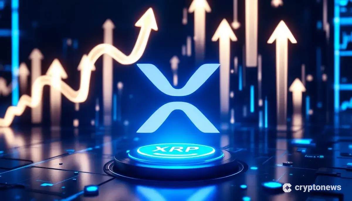 未来的な金融データの中で輝くリップル（XRP）のロゴと上昇するチャート。