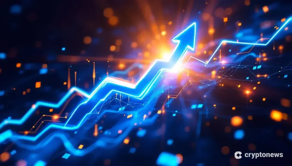 上昇するチャートを背景に輝くソラナのロゴと、ステーブルコインとETFの資金流入を示すデータストリーム