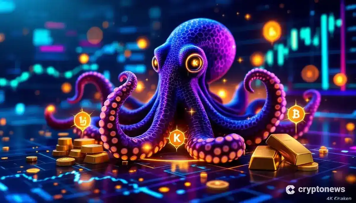 クラーケンのロゴと株価チャート、金や石油などの商品シンボルが融合した未来的な金融プラットフォームのイメージ。