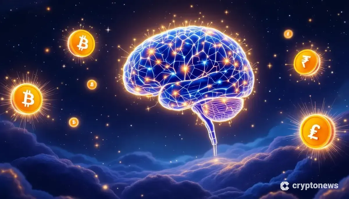 AIが仮想通貨を分析し、将来有望な銘柄を選び出す様子を描いた未来的なCG画像