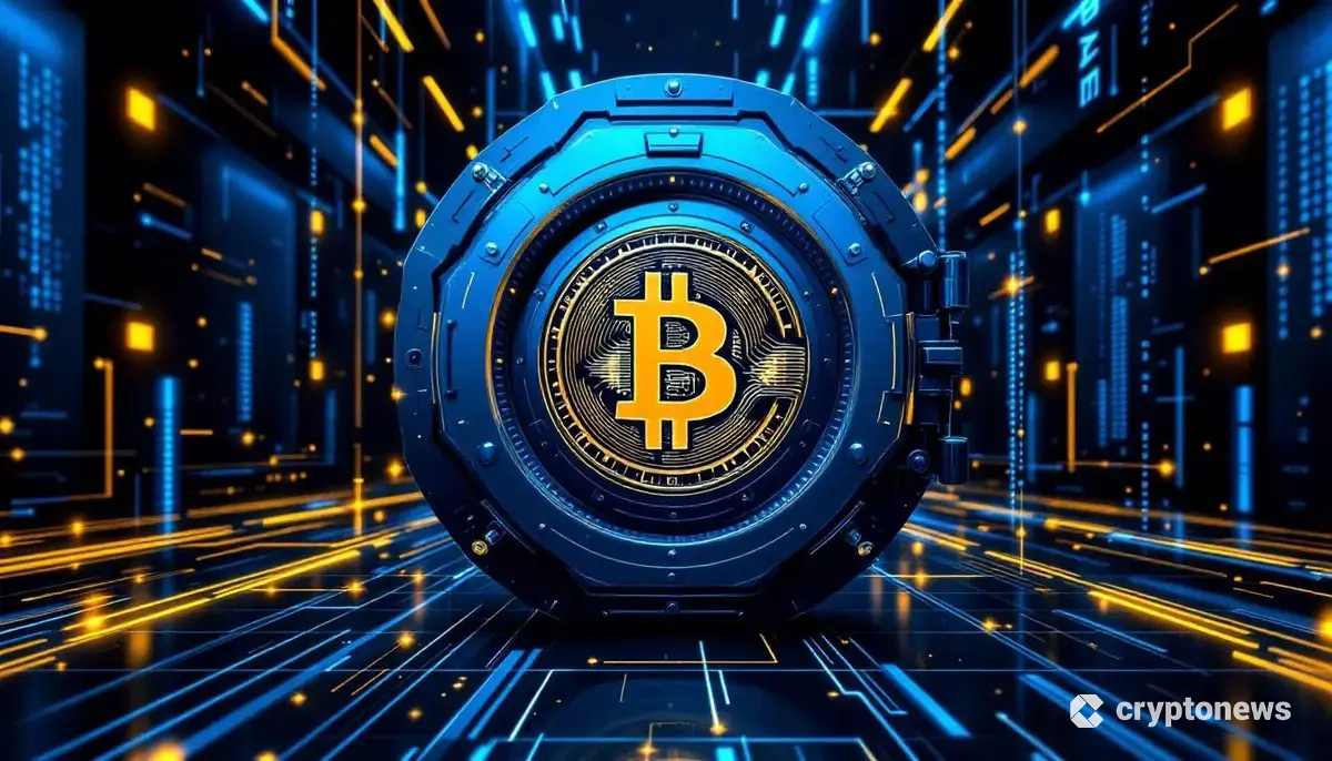 ブラックロックの金庫に保管される巨大なビットコインを象徴する未来的なイラスト