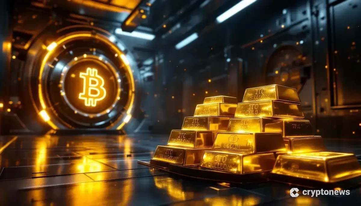 金塊と並んで輝くビットコインのシンボルが保管されている中央銀行の金庫。