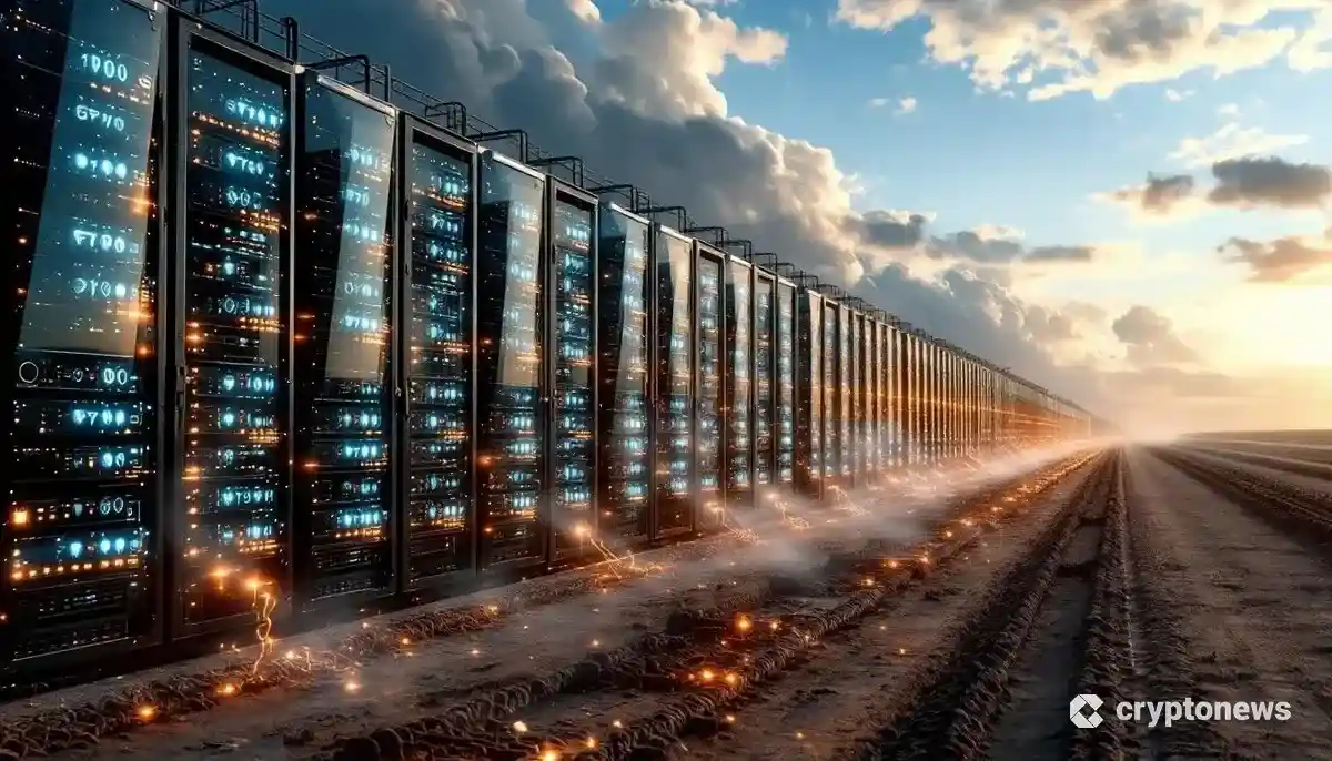 テキサスの広大な土地に広がるビットコインマイニング施設が、未来的なAIデータセンターへと変貌を遂げる様子。