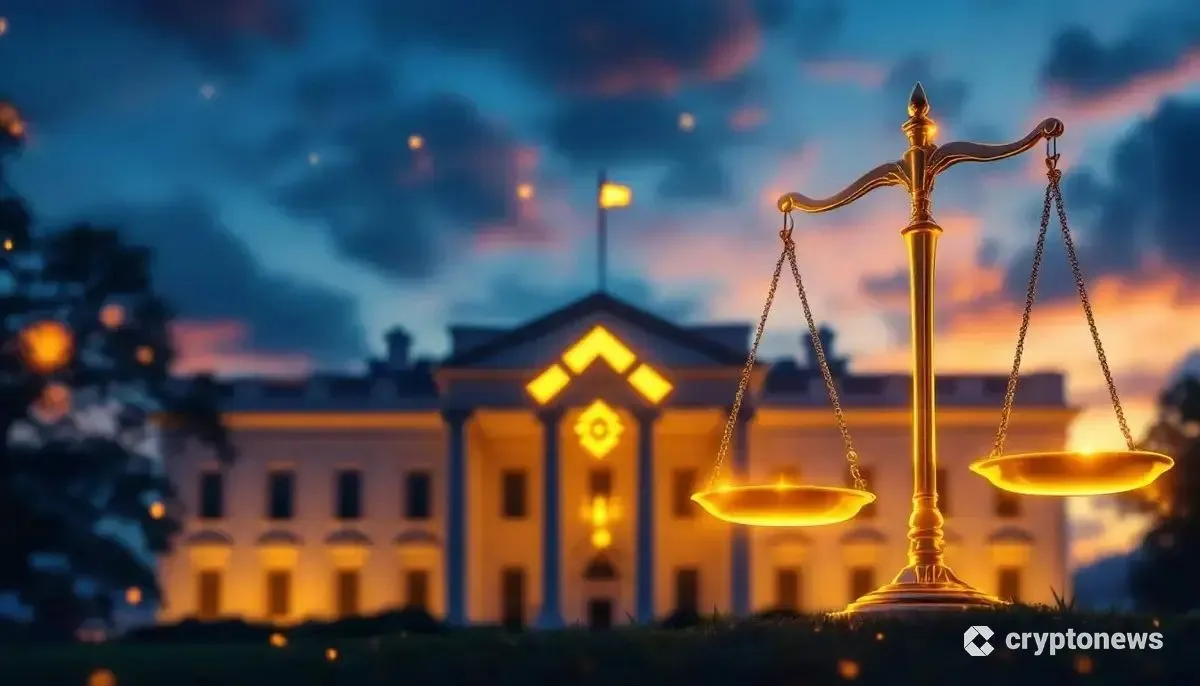 夕暮れのホワイトハウスを背景に、輝くバイナンスのロゴと天秤が描かれた象徴的な画像