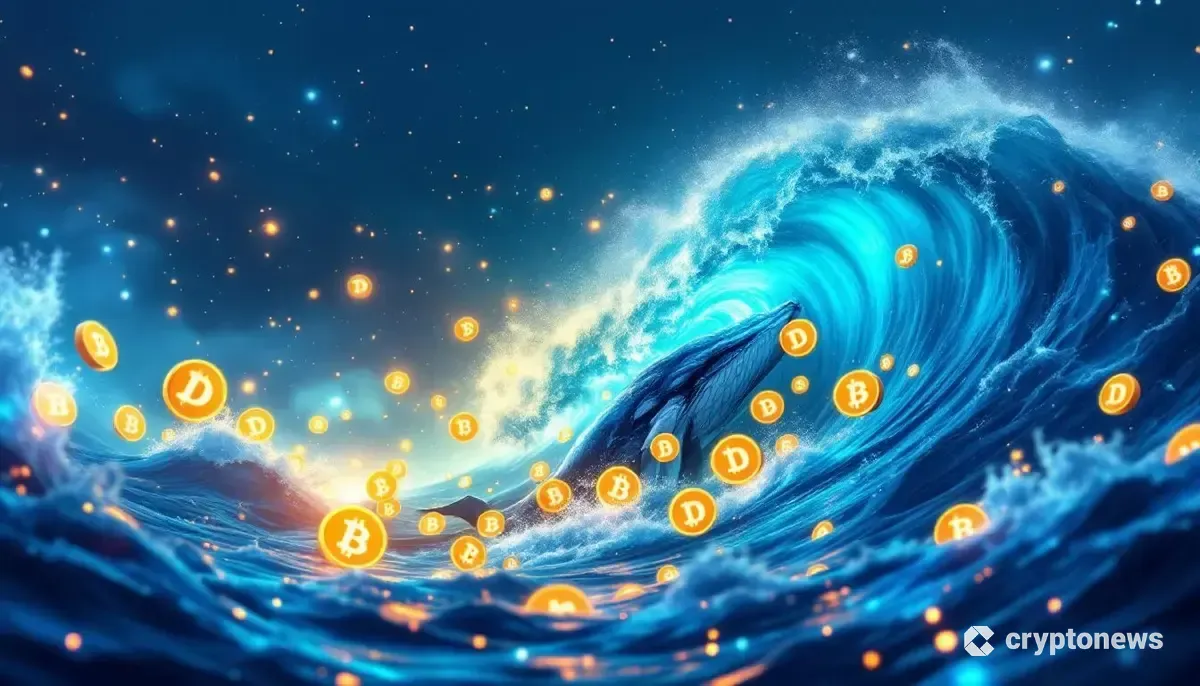 ドージコインのロゴが浮かぶデジタル空間を上昇していくクジラのイラスト