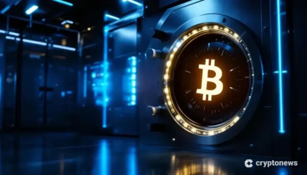 輝くビットコインとイーサリアムのロゴが描かれた、未来的な銀行の金庫室