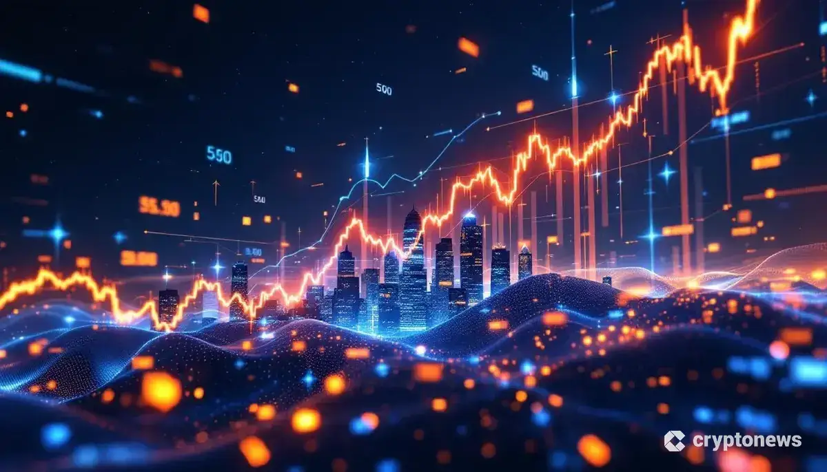 S&P500の史上最高値を示す、上昇するデジタル株価チャートと都市の背景