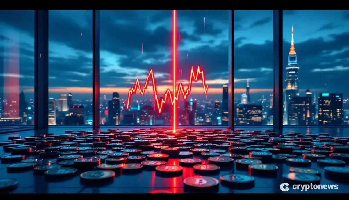 ビットコインの床を突き破って下落する株価チャートを示すグラフと、東京の夜景。メタプラネット社の市場評価悪化を象徴している。