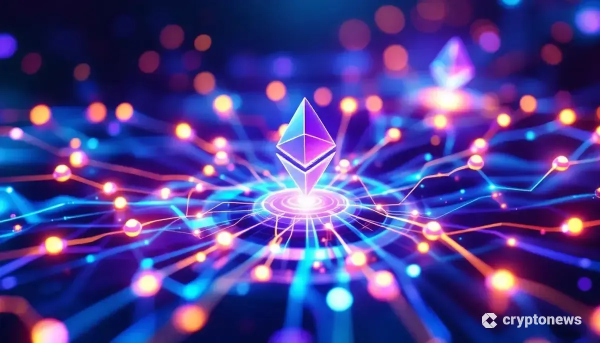 イーサリアムのネットワークがアップグレードされ、データが効率的に流れる様子を示す未来的なイメージ