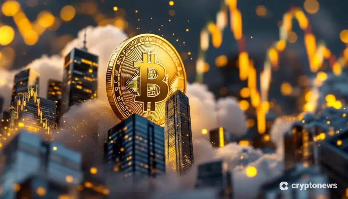 金色のビットコインと近代的な高層ビルが融合するイメージ。伝統金融と仮想通貨の統合を象徴している。