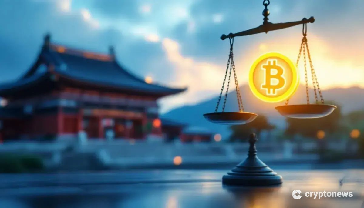 日本の国会議事堂を背景に、ビットコインのシンボルと法の書物を乗せた天秤が描かれたイラスト