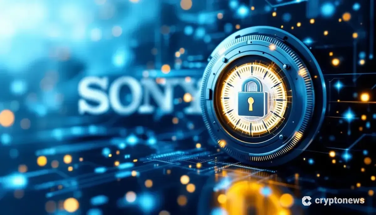 ソニーのロゴと暗号資産のデジタル金庫が融合した未来的な画像