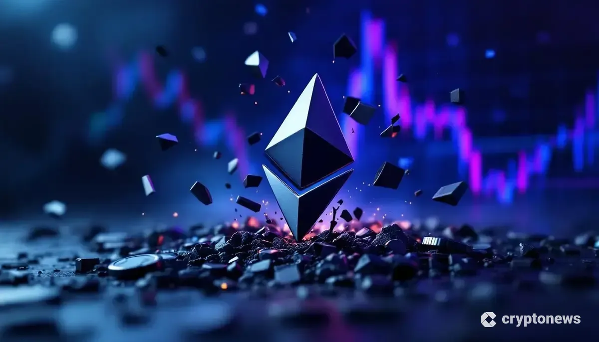 イーサリアムのロゴが描かれた画面と下落する株価チャート