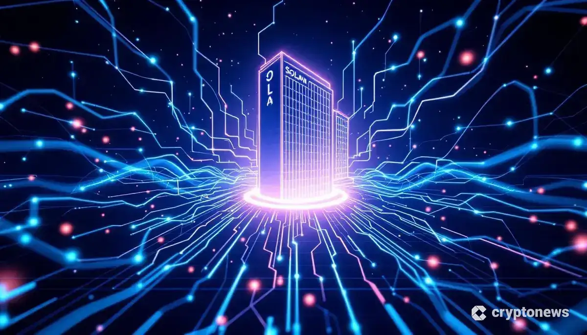 仮想通貨ソラナ（SOL）のロゴと、企業が戦略的に連携する様子を描いた未来的なCG画像