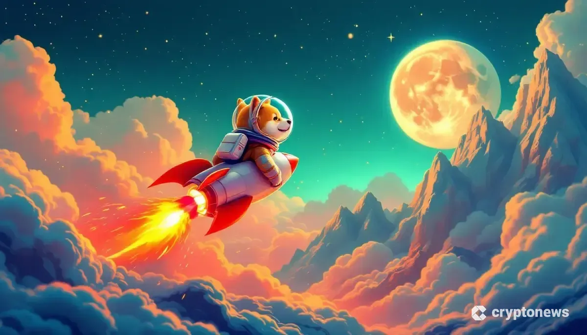 上昇するチャートを背景にロケットに乗る柴犬キャラクター