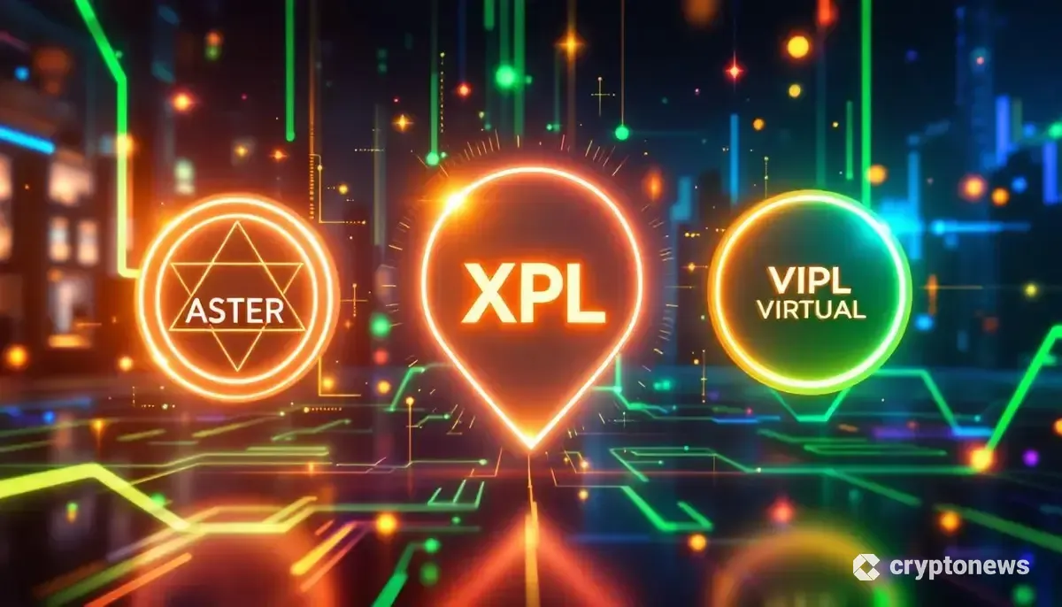 ロビンフッドのロゴと3つの新しい仮想通貨のシンボルが輝く未来的なデジタルアート