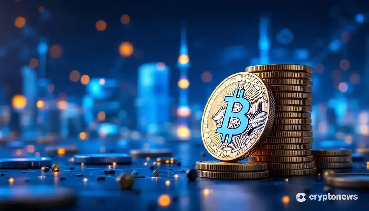 ブロックチェーンのネットワークに囲まれた東京の夜景を背景に、積み上げられるビットコインのコイン