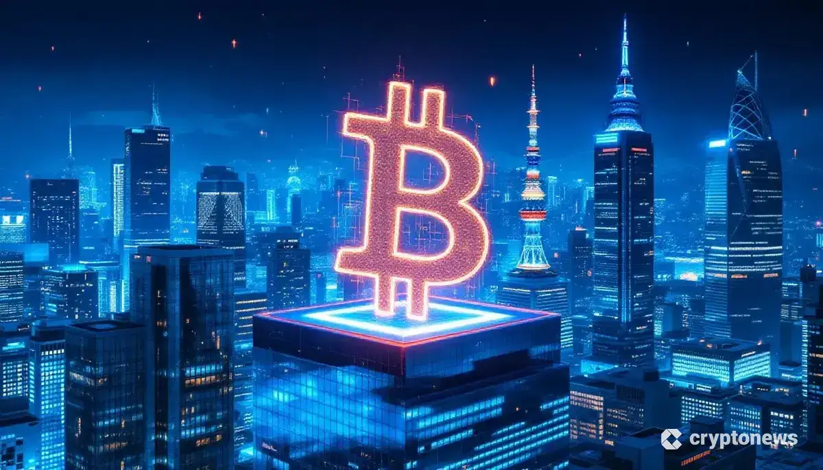 ビットコインを企業資産とするメタプラネットの戦略を象徴する未来的な都市のイメージ