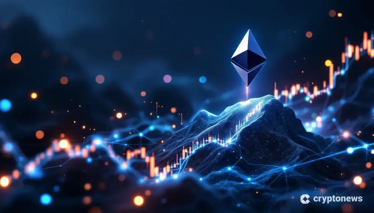 未来的な背景の中、強気相場を示すチャートと共に上昇するイーサリアムのロゴ