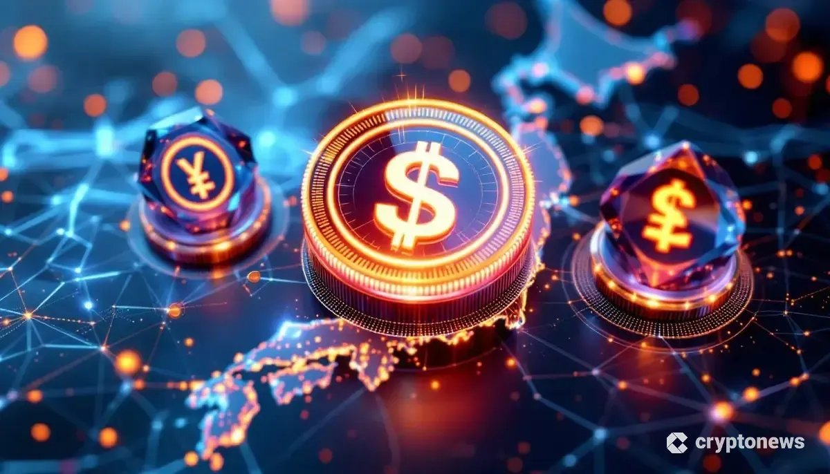 日本の3大銀行のロゴが中央のステーブルコインのシンボルに集まる未来的なイメージ。