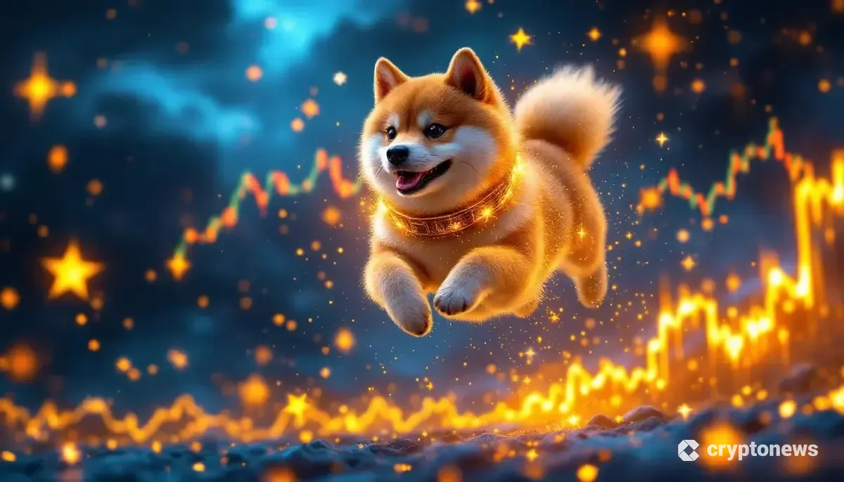 高騰するドージコインを象徴する柴犬のイラストと背景のチャート