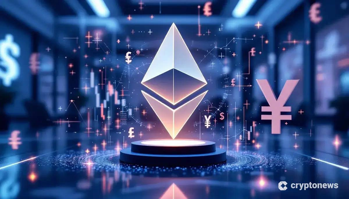 イーサリアムのロゴが輝き、企業の財務戦略を象徴する未来的な背景。