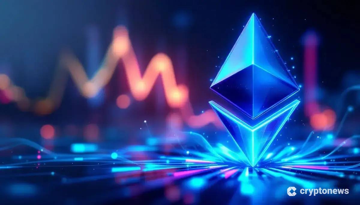 上昇トレンドを示すチャートを背景に輝くイーサリアムのロゴ