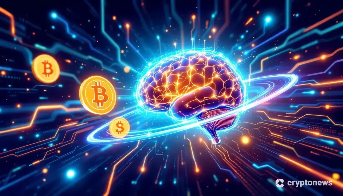 人工知能(AI)が仮想通貨市場を分析している様子を表現した未来的な画像