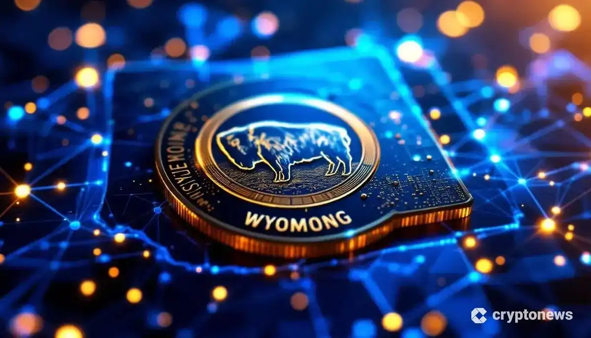 ワイオミング州の紋章が描かれたステーブルコインと、ブロックチェーンネットワークのイメージ。