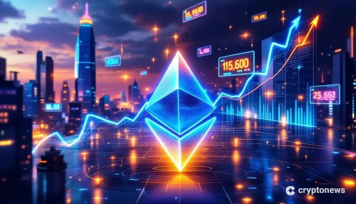 上昇するチャートを背景に輝くイーサリアムのロゴと未来的な金融街のイラスト。