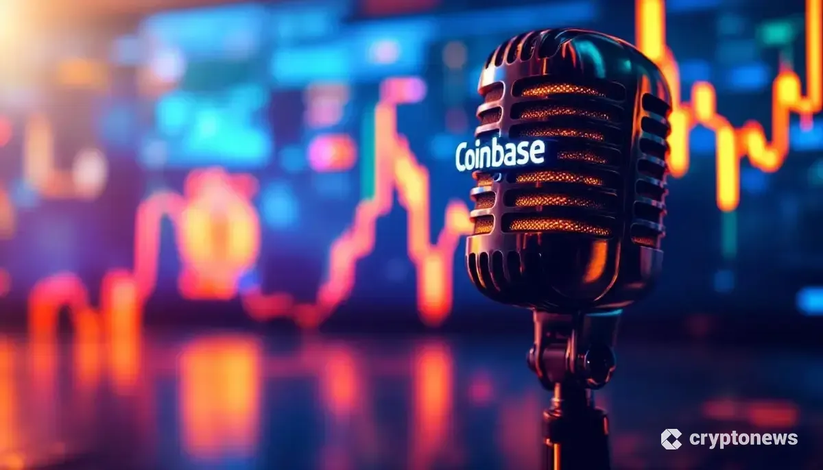 仮想通貨のチャートを背景に、光るCoinbaseロゴが付いたマイクが置かれている未来的な画像