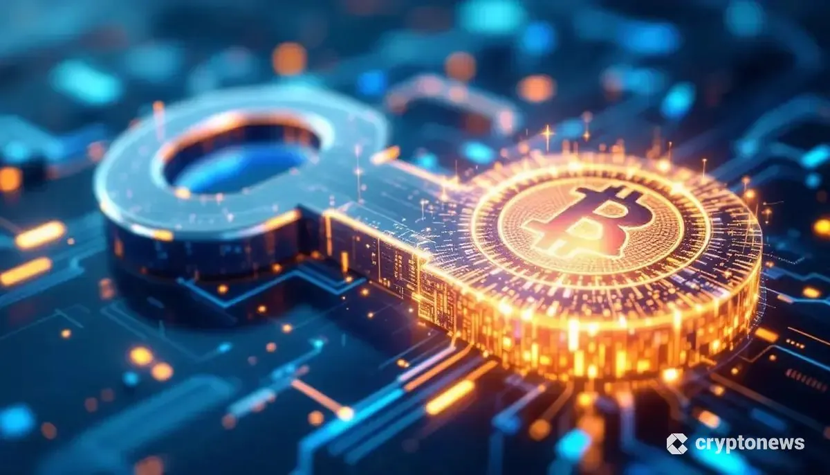 米連邦準備制度理事会(FRB)の建物を模したデジタル空間の扉を、仮想通貨のシンボルが付いた鍵が開ける様子