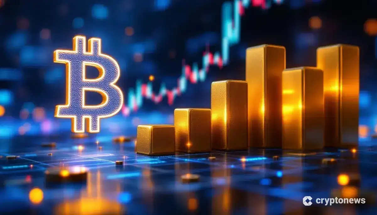 金のチャートが下落し、ビットコインのチャートが上昇している未来的な金融市場のイラスト