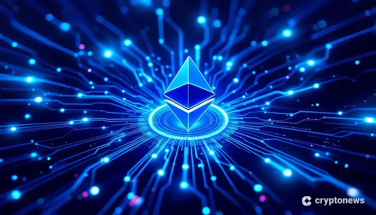 未来的なデジタルネットワークの中心で輝くイーサリアムのロゴ