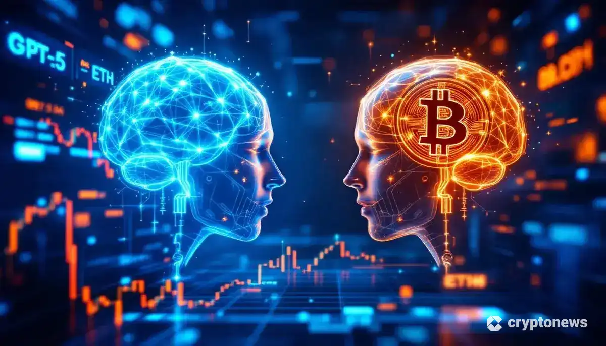 AIモデルが仮想通貨の取引で競い合う様子を描いた未来的なイメージ