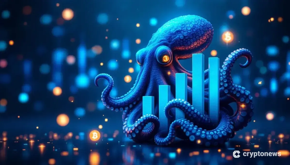 急成長する仮想通貨市場を示すグラフとクラーケンのロゴ