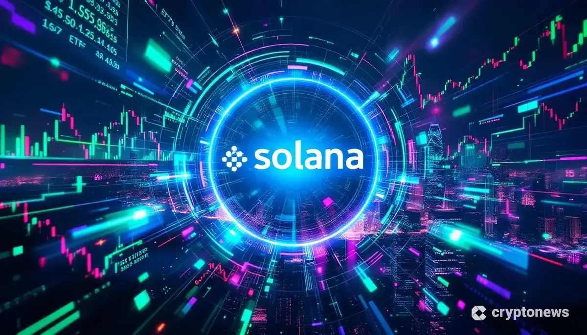 香港の夜景を背景に輝くソラナのロゴと金融データストリーム